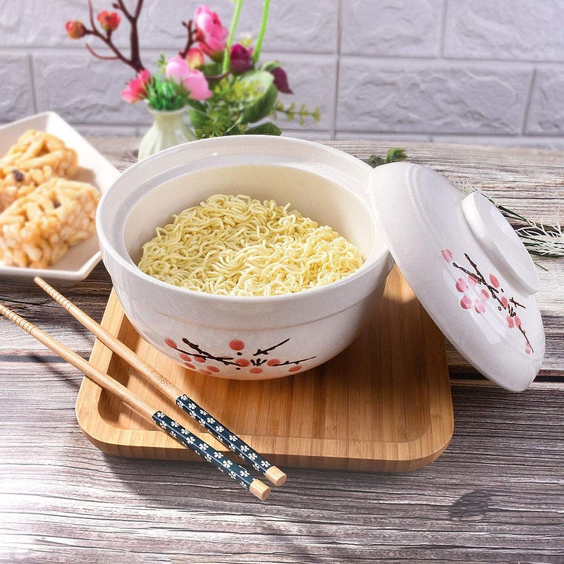 Whitenesser Ceramic Ramen Bowl with lids, Japanese Large 27.5 OZ Big Instant Noodle Bowls for Soup Rice and Porridge (Red Flower) - Image 3